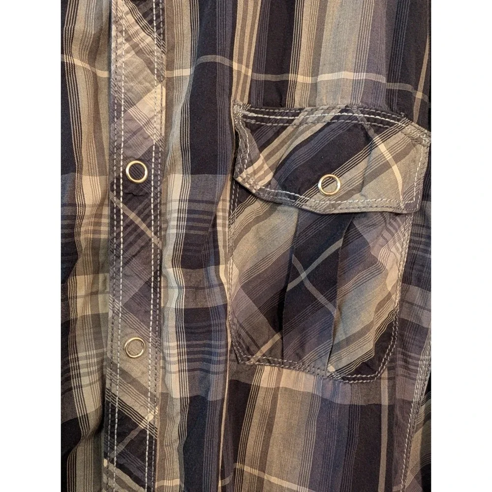 INC International Concepts Men Blue Plaid Snap Button Western Shirt Large Cotton